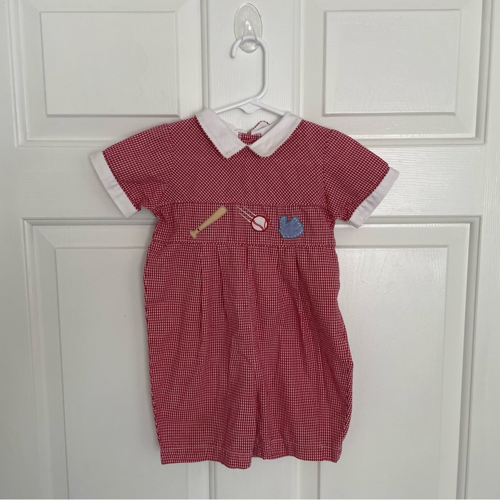 Vintage Carriage Boutique Boys Red Smocked Baseball Gingham Bubble 18 mo…